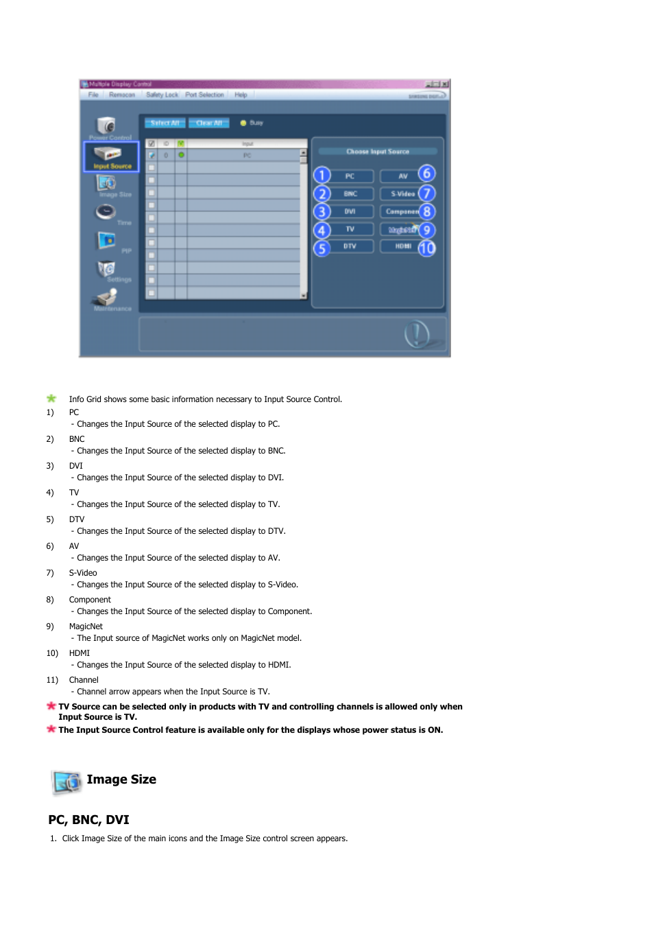 Image size pc, bnc, dvi | Samsung 460DX User Manual | Page 46 / 90