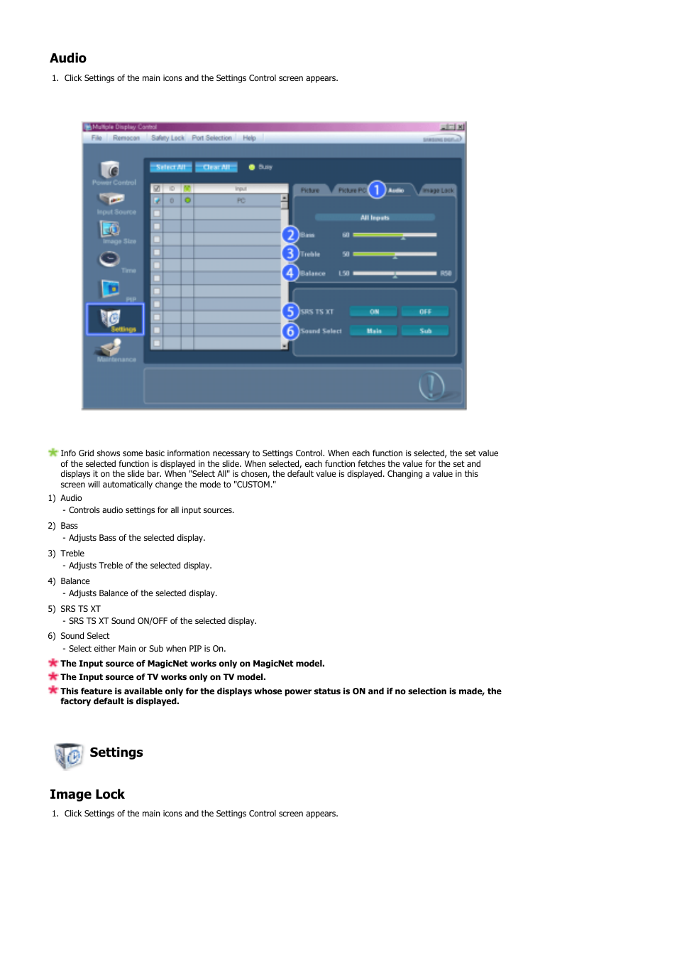 Audio, Settings image lock | Samsung 460DX User Manual | Page 54 / 90