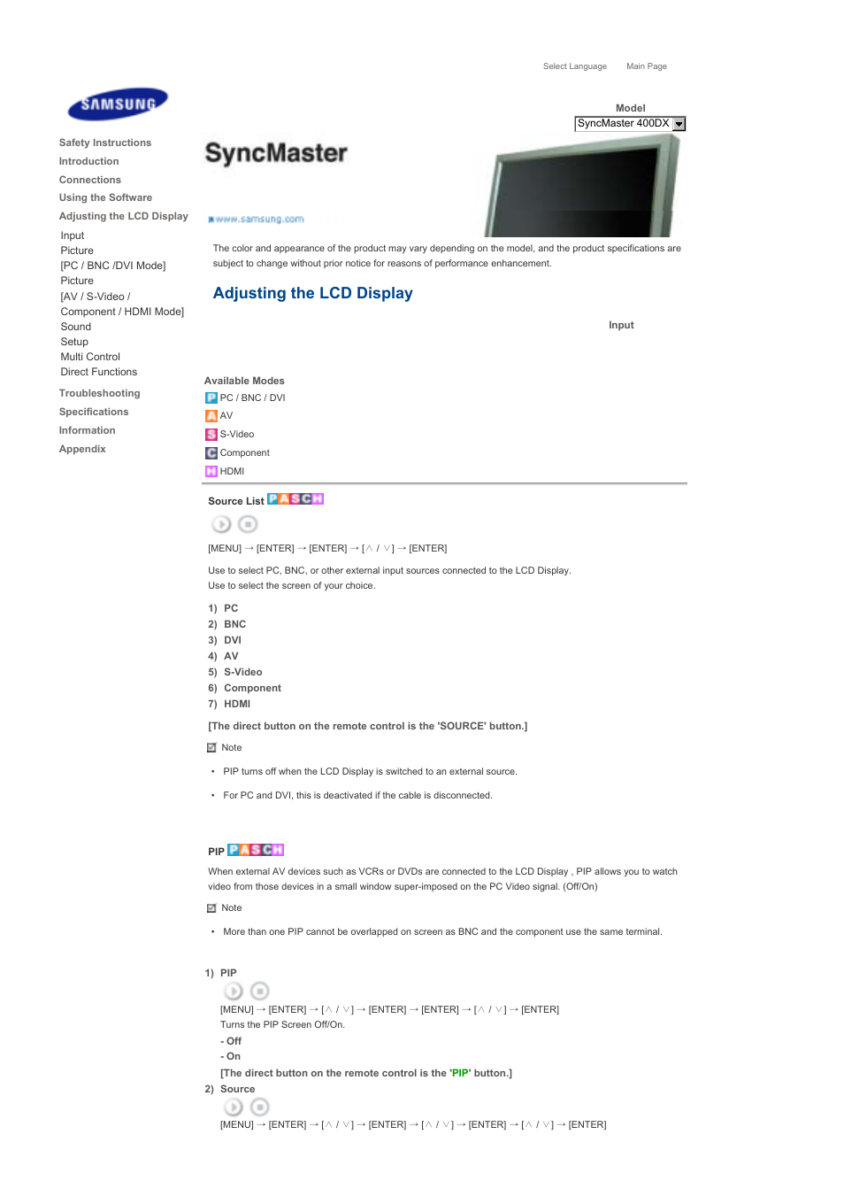 Adjusting the lcd display, Input | Samsung 460DX User Manual | Page 60 / 90