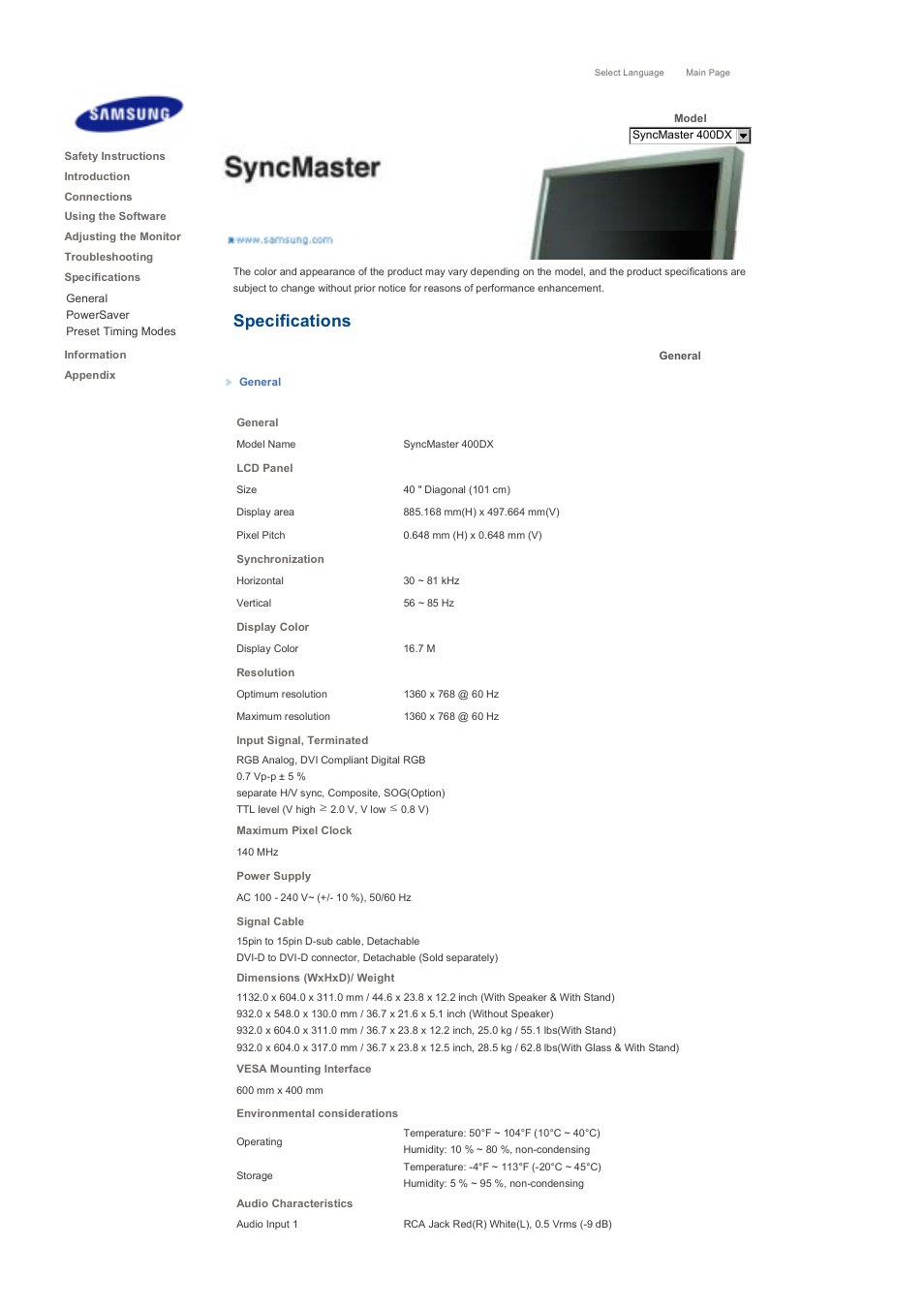 Specifications, Syncmaster 400dx, General | Samsung 460DX User Manual | Page 77 / 90