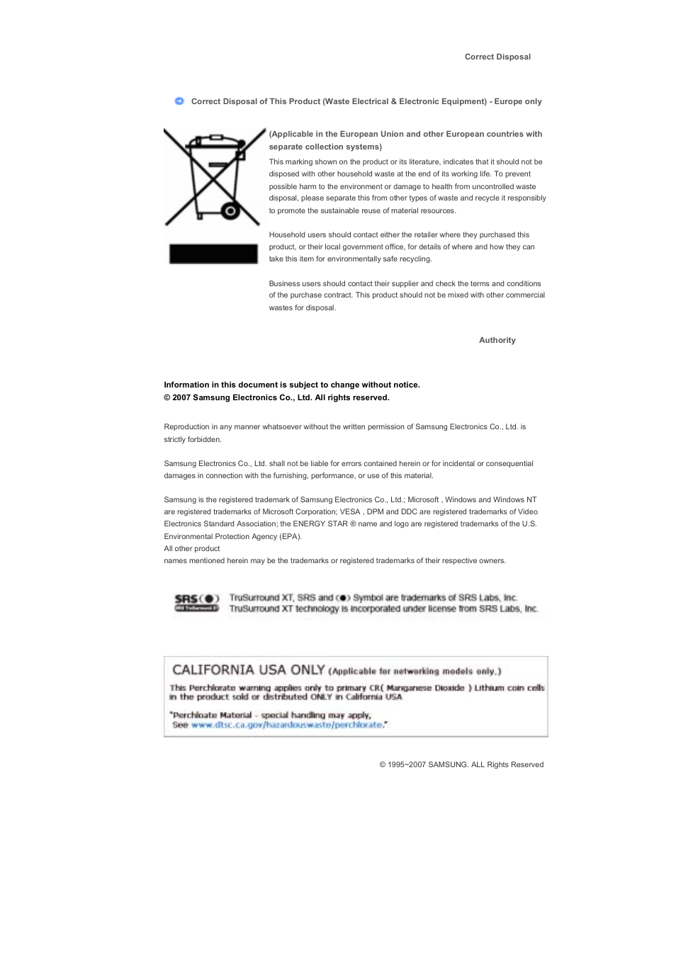 Correct disposal, Authority | Samsung 460DX User Manual | Page 90 / 90