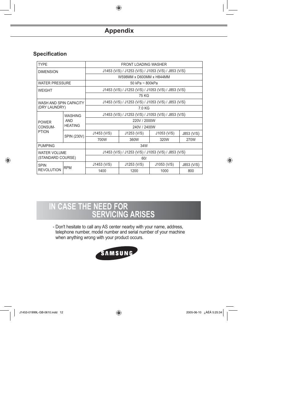 Specification, Appendix | Samsung J1053 (V/S) User Manual | Page 12 / 12