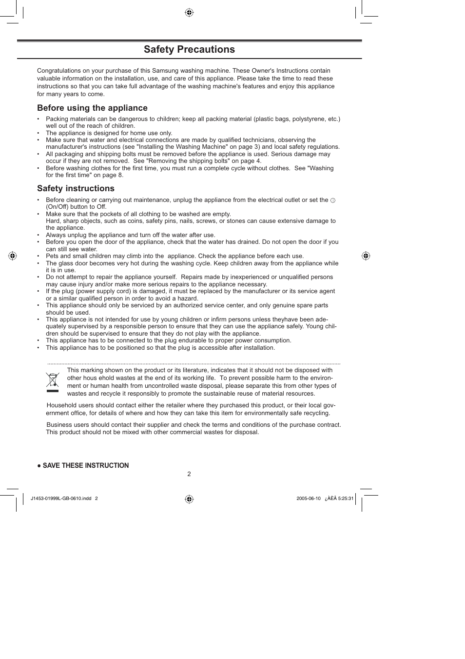 Safety precautions, Before using the appliance, Safety instructions | Samsung J1053 (V/S) User Manual | Page 2 / 12