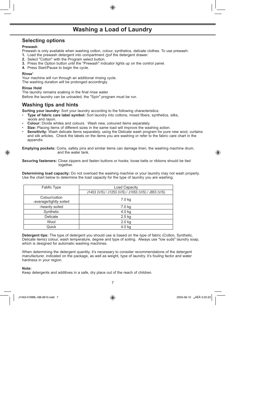 Selecting options, Washing a load of laundry, Washing tips and hints | Samsung J1053 (V/S) User Manual | Page 7 / 12