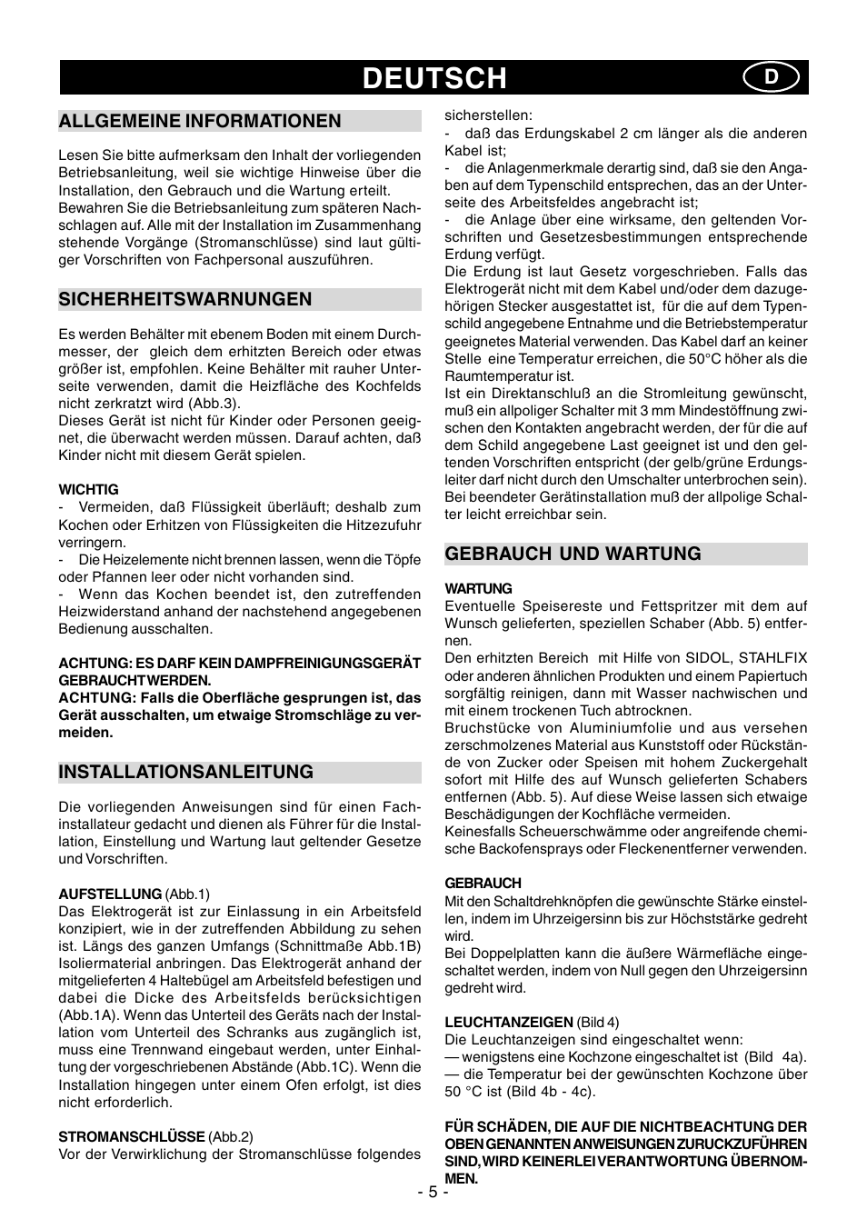 Deutsch, Allgemeine informationen, Sicherheitswarnungen | Installationsanleitung, Gebrauch und wartung | Ardo PR58-75 User Manual | Page 5 / 24