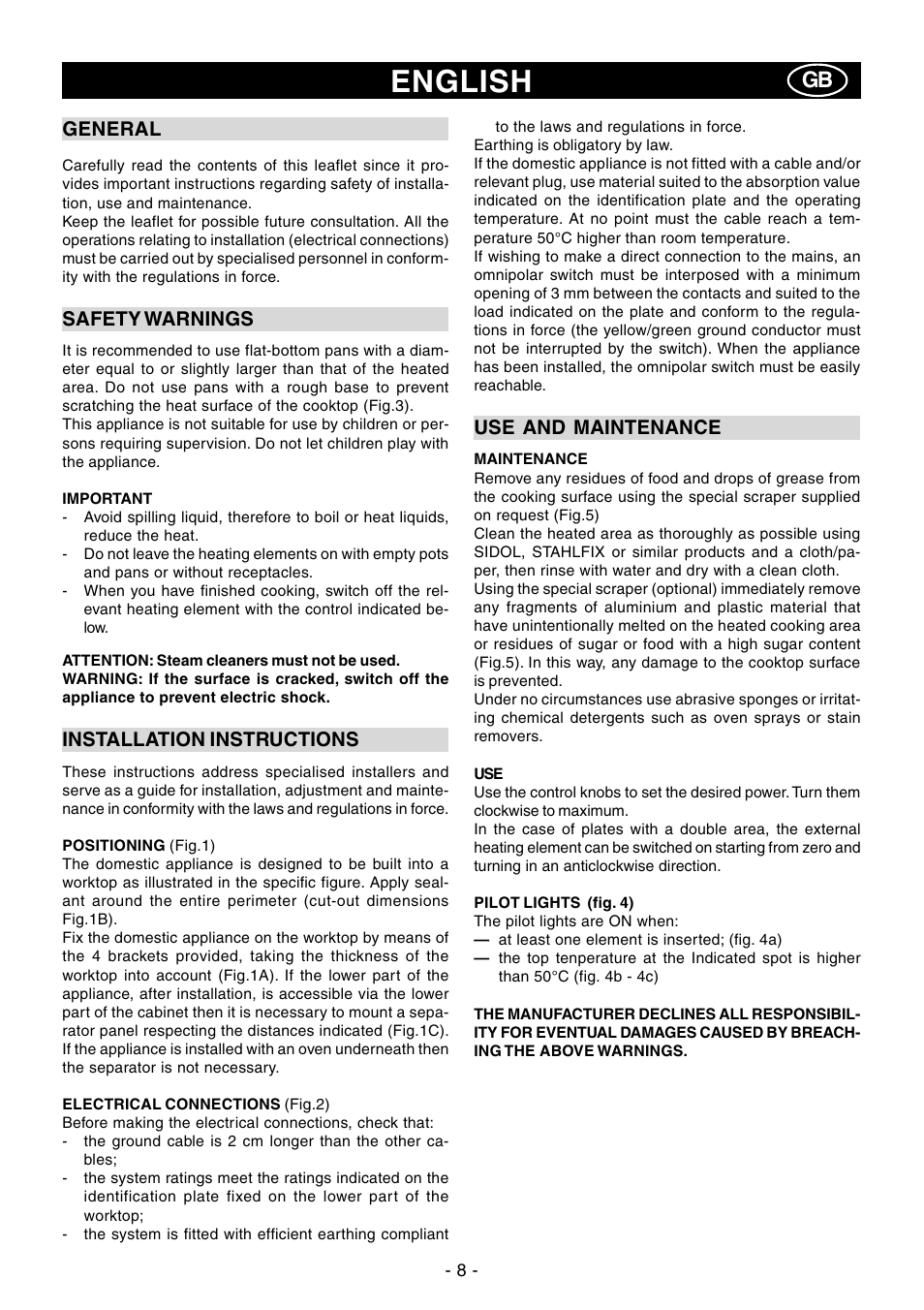 English, General, Safety warnings | Installation instructions, Use and maintenance | Ardo PR58-75 User Manual | Page 8 / 24