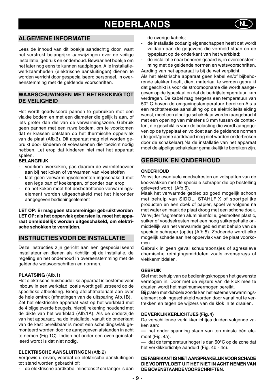 Nederlands, Algemene informatie, Instructies voor de installatie | Gebruik en onderhoud | Ardo PR58-75 User Manual | Page 9 / 24