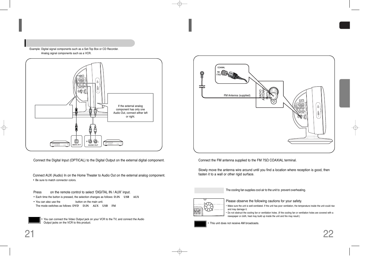 Connecting external components, Connecting the fm antenna | Samsung AH68-01852B User Manual | Page 12 / 40
