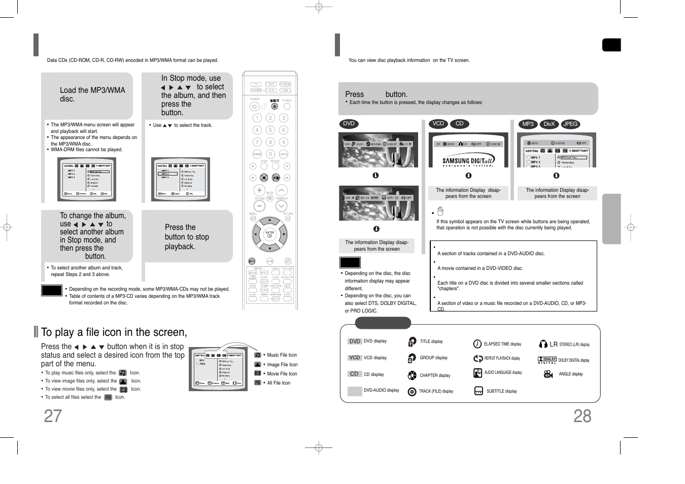 Mp3/wma-cd playback, Displaying disc information | Samsung AH68-01852B User Manual | Page 15 / 40