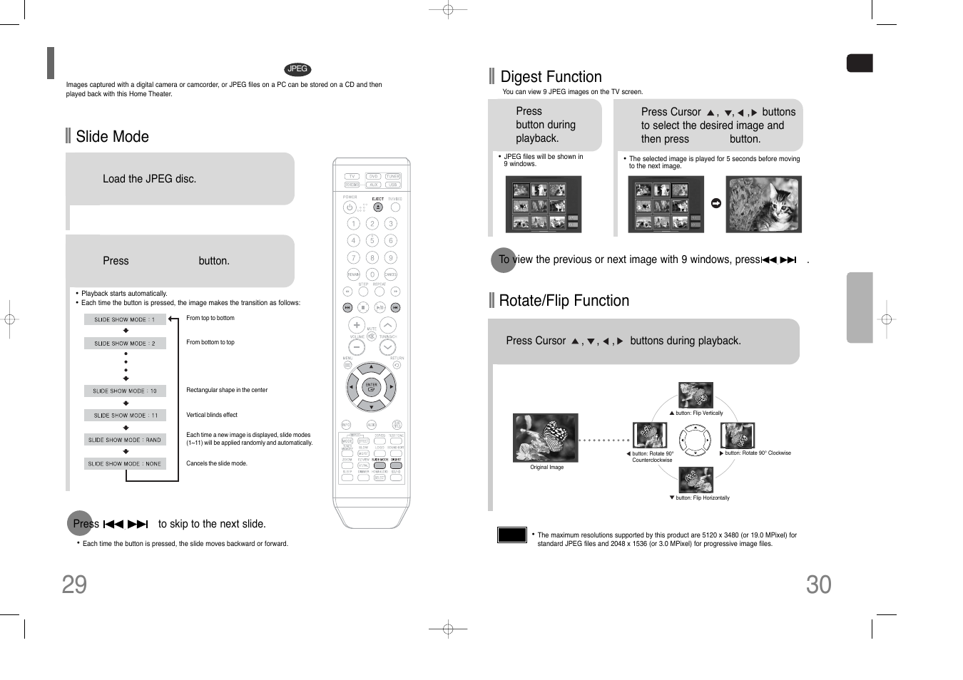 Jpeg file playback, Rotate/flip function, Digest function | Slide mode | Samsung AH68-01852B User Manual | Page 16 / 40