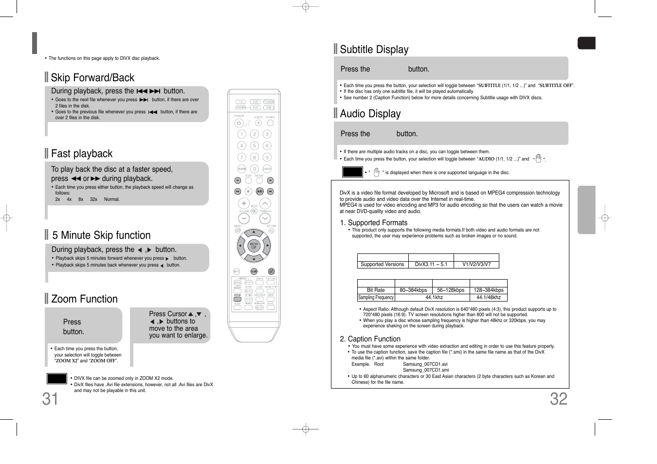 Divx playback, Fast playback skip forward/back, Zoom function | 5 minute skip function, Subtitle display, Audio display | Samsung AH68-01852B User Manual | Page 17 / 40