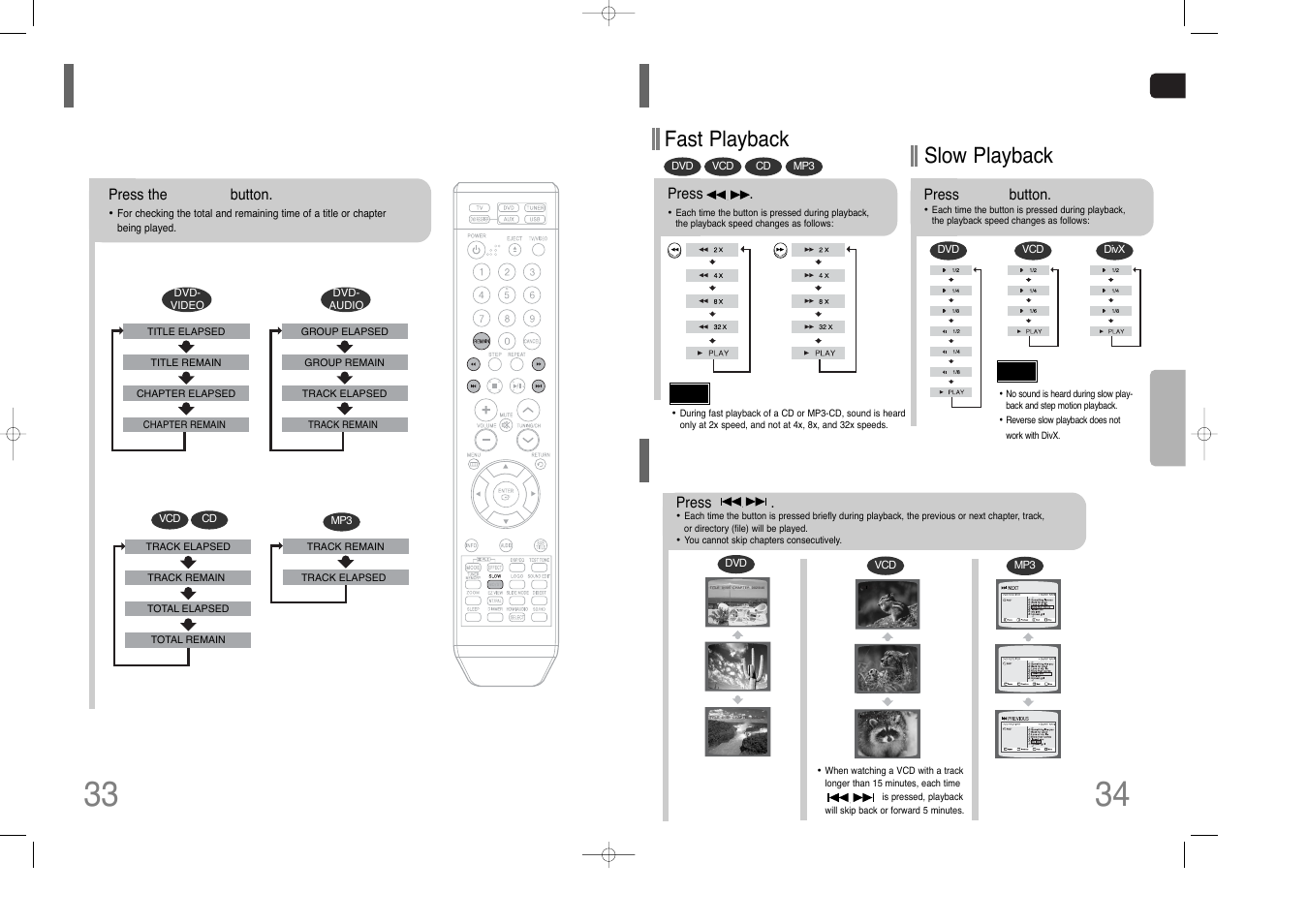 Checking the remaining time, Fast/slow playback, Work with divx. skipping scenes/songs | Fast/slow playback skipping scenes/songs, Fast playback, Slow playback | Samsung AH68-01852B User Manual | Page 18 / 40