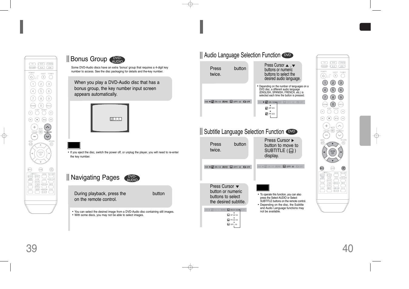 Selecting audio/subtitle language, Bonus group / navigating pages, Bonus group | Navigating pages, Audio language selection function, Subtitle language selection function | Samsung AH68-01852B User Manual | Page 21 / 40