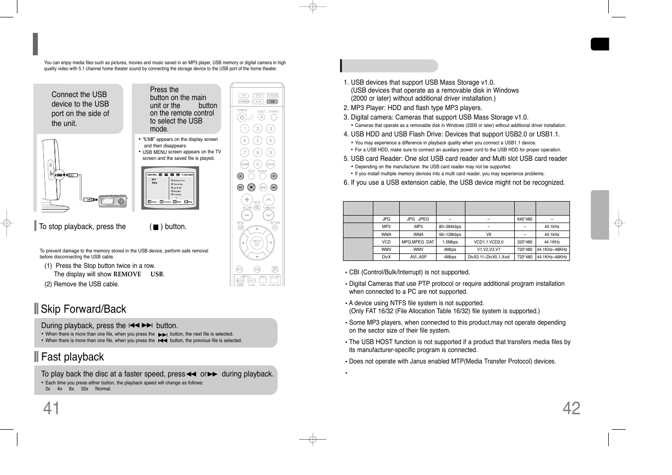 Playing media files using the usb host feature, Fast playback skip forward/back | Samsung AH68-01852B User Manual | Page 22 / 40