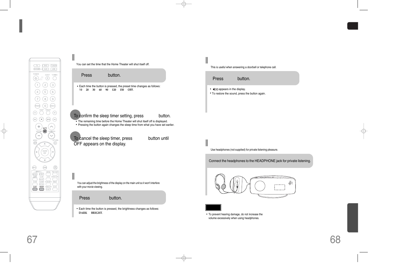 Convenient functions, Adjusting display brightness, Sleep timer function | Mute function, Using headphones | Samsung AH68-01852B User Manual | Page 35 / 40