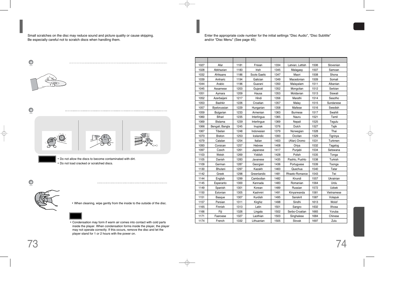 Cautions on handling and storing discs, Language code list, Language code list 73 | Samsung AH68-01852B User Manual | Page 38 / 40