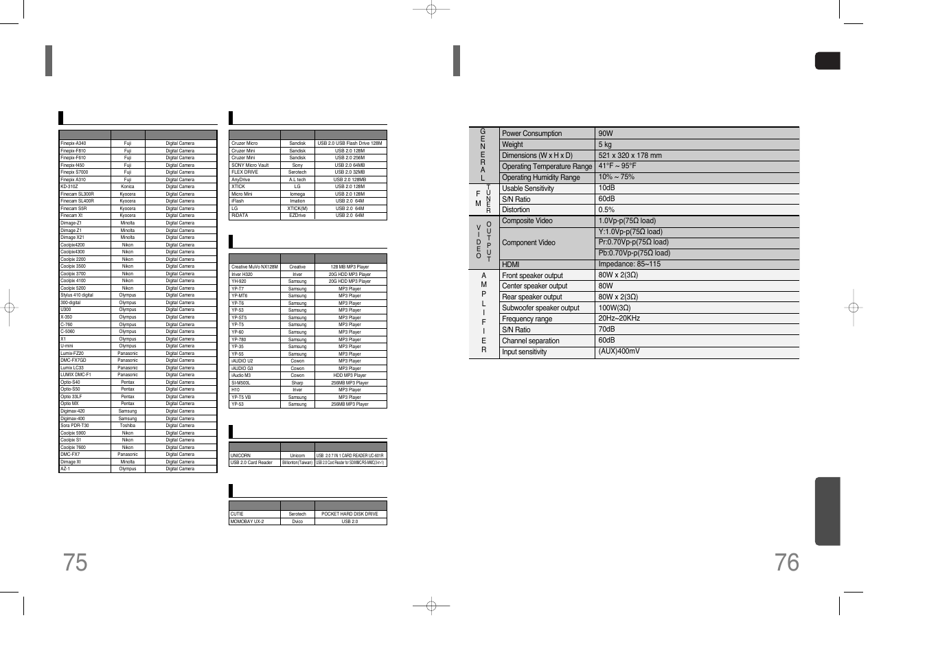 Usb host feature supported products, Specifications, 75 usb host feature supported products | Miscellaneous | Samsung AH68-01852B User Manual | Page 39 / 40