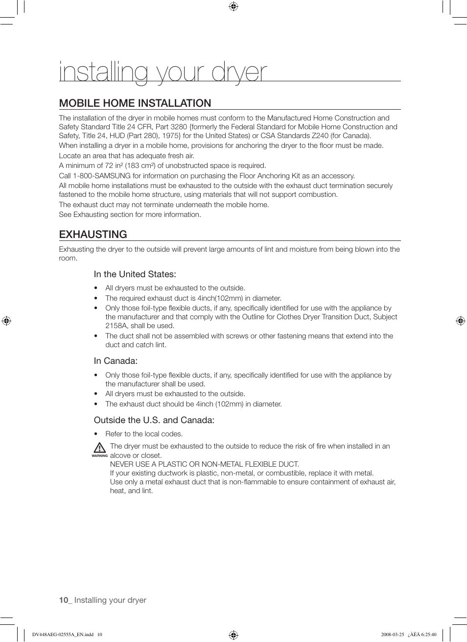 Installing your dryer, Mobile home installation, Exhausting | Samsung DV448AEW User Manual | Page 10 / 76