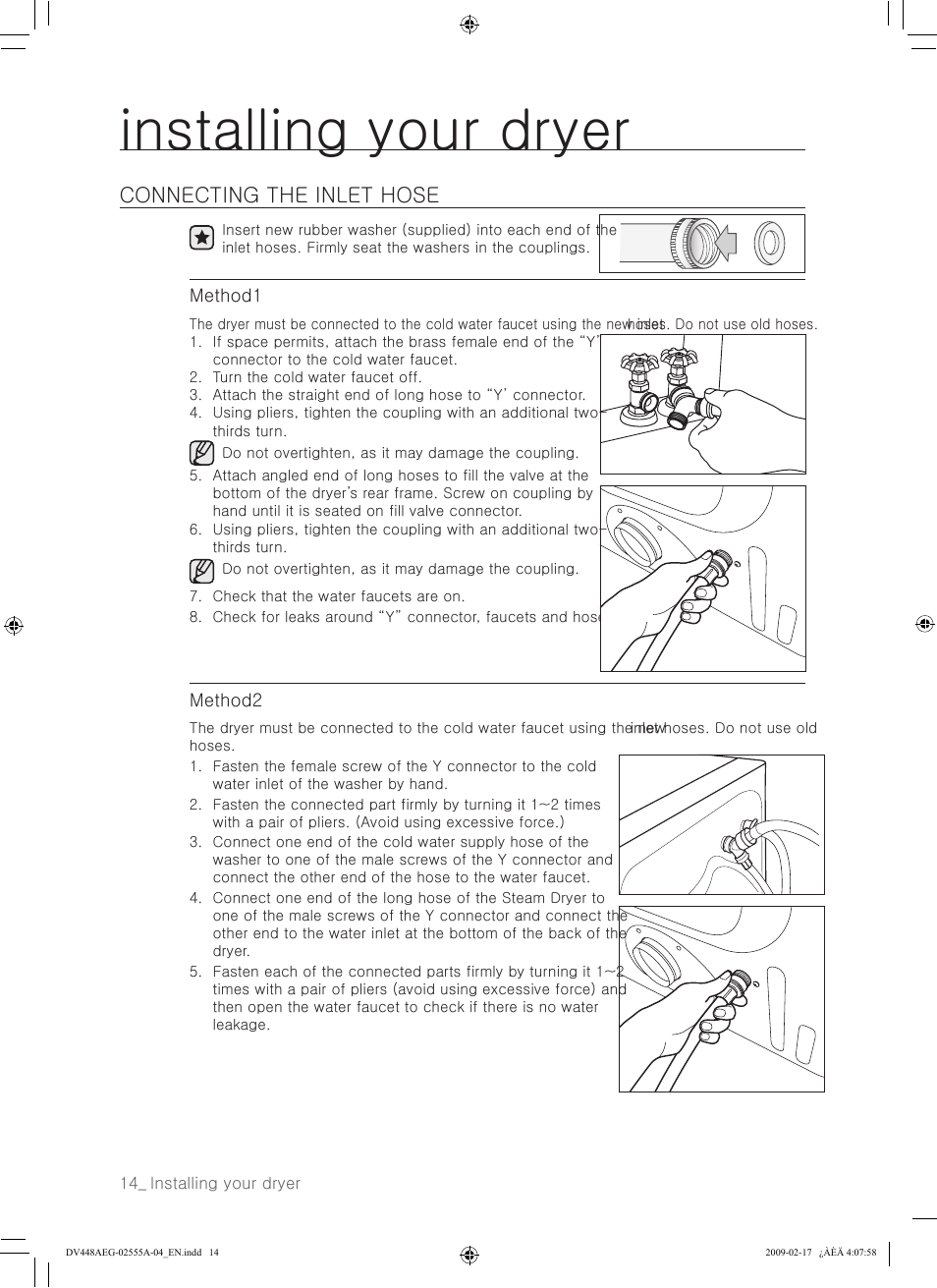 Installing your dryer, Connecting the inlet hose | Samsung DV448AEW User Manual | Page 14 / 76