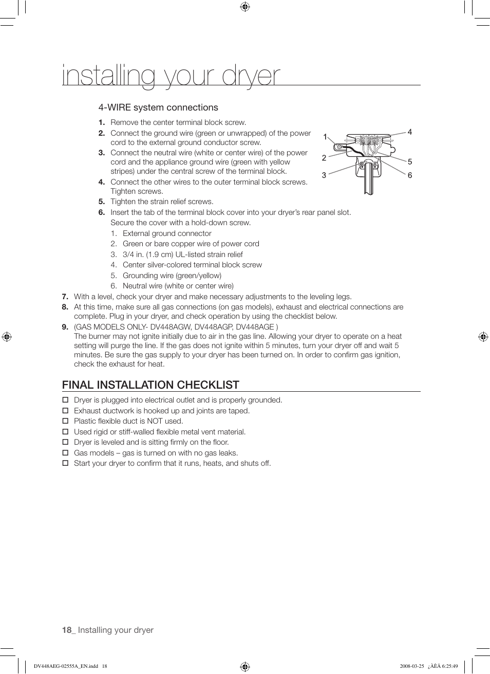 Installing your dryer, Final installation checklist | Samsung DV448AEW User Manual | Page 18 / 76