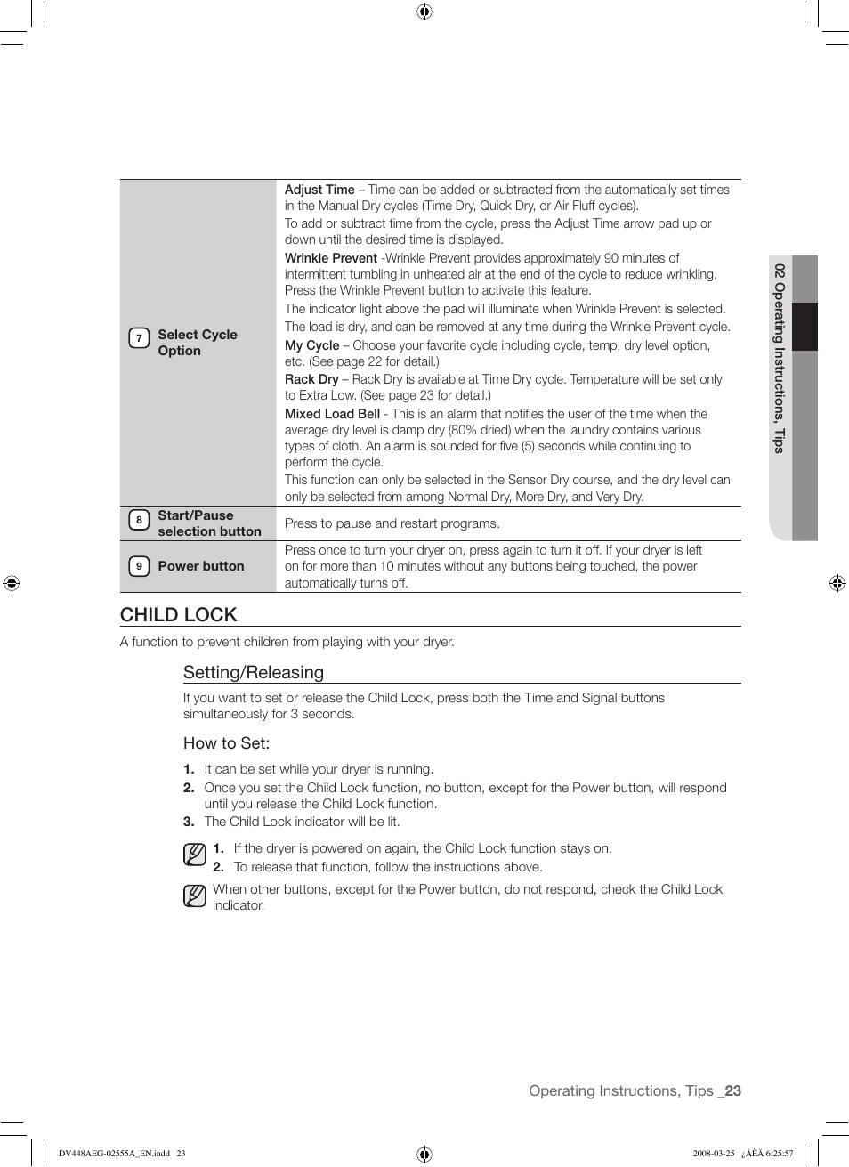 Child lock, Setting/releasing | Samsung DV448AEW User Manual | Page 23 / 76