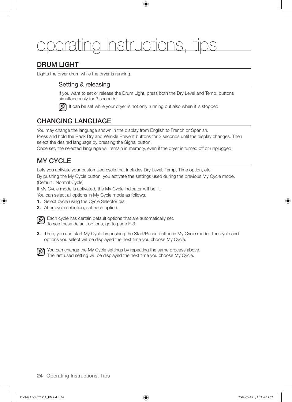 Operating instructions, tips | Samsung DV448AEW User Manual | Page 24 / 76