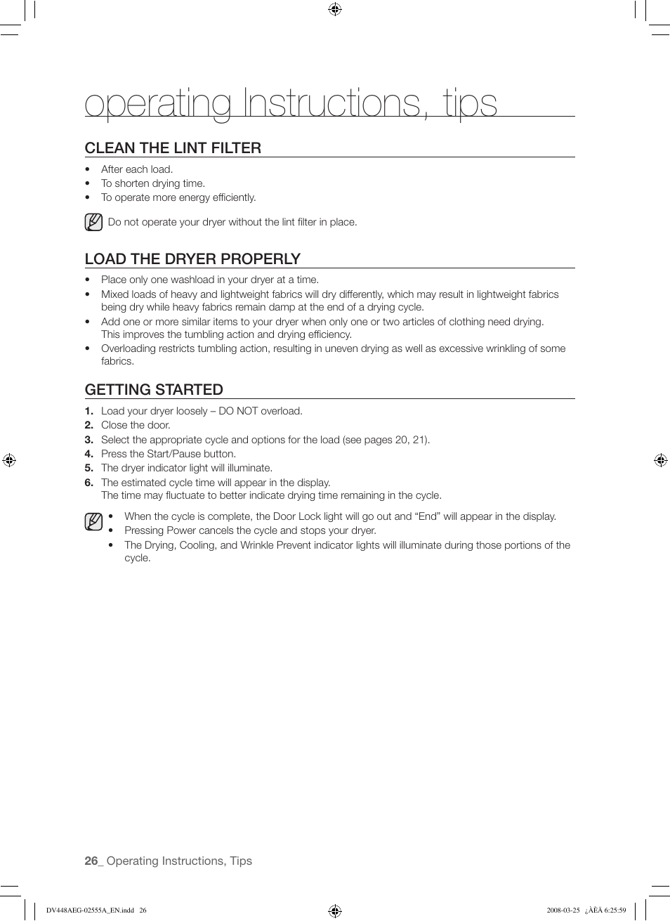 Operating instructions, tips, Clean the lint filter, Load the dryer properly | Getting started | Samsung DV448AEW User Manual | Page 26 / 76