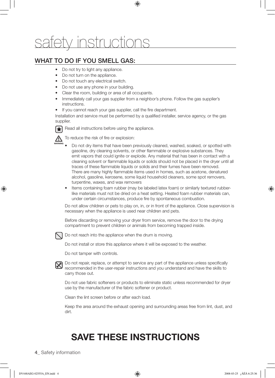 Safety instructions, Save these instructions, What to do if you smell gas | Samsung DV448AEW User Manual | Page 4 / 76