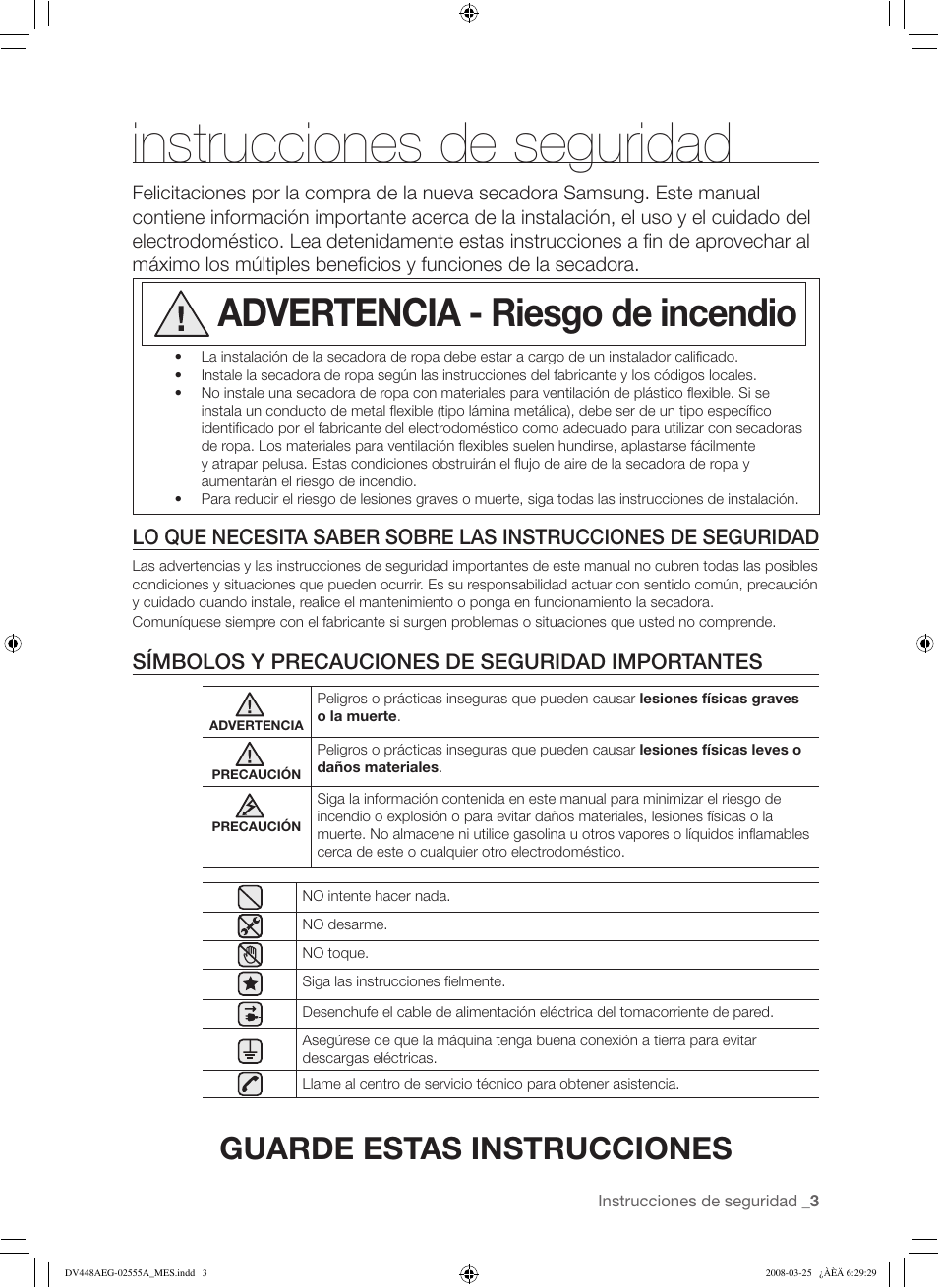 Instrucciones de seguridad, Advertencia - riesgo de incendio, Guarde estas instrucciones | Samsung DV448AEW User Manual | Page 41 / 76