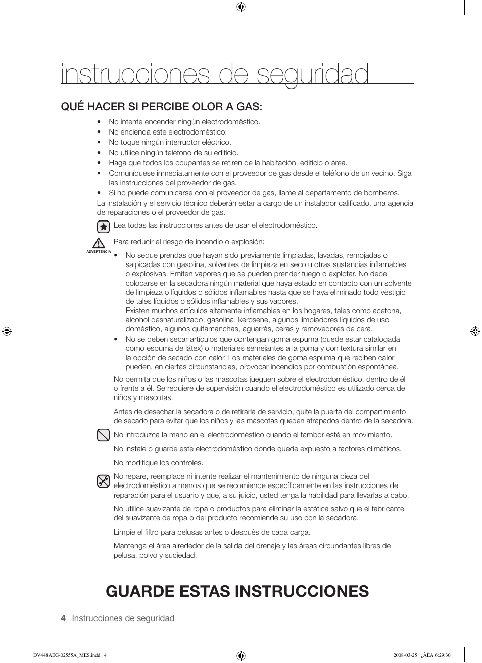 Instrucciones de seguridad, Guarde estas instrucciones, Qué hacer si percibe olor a gas | Samsung DV448AEW User Manual | Page 42 / 76