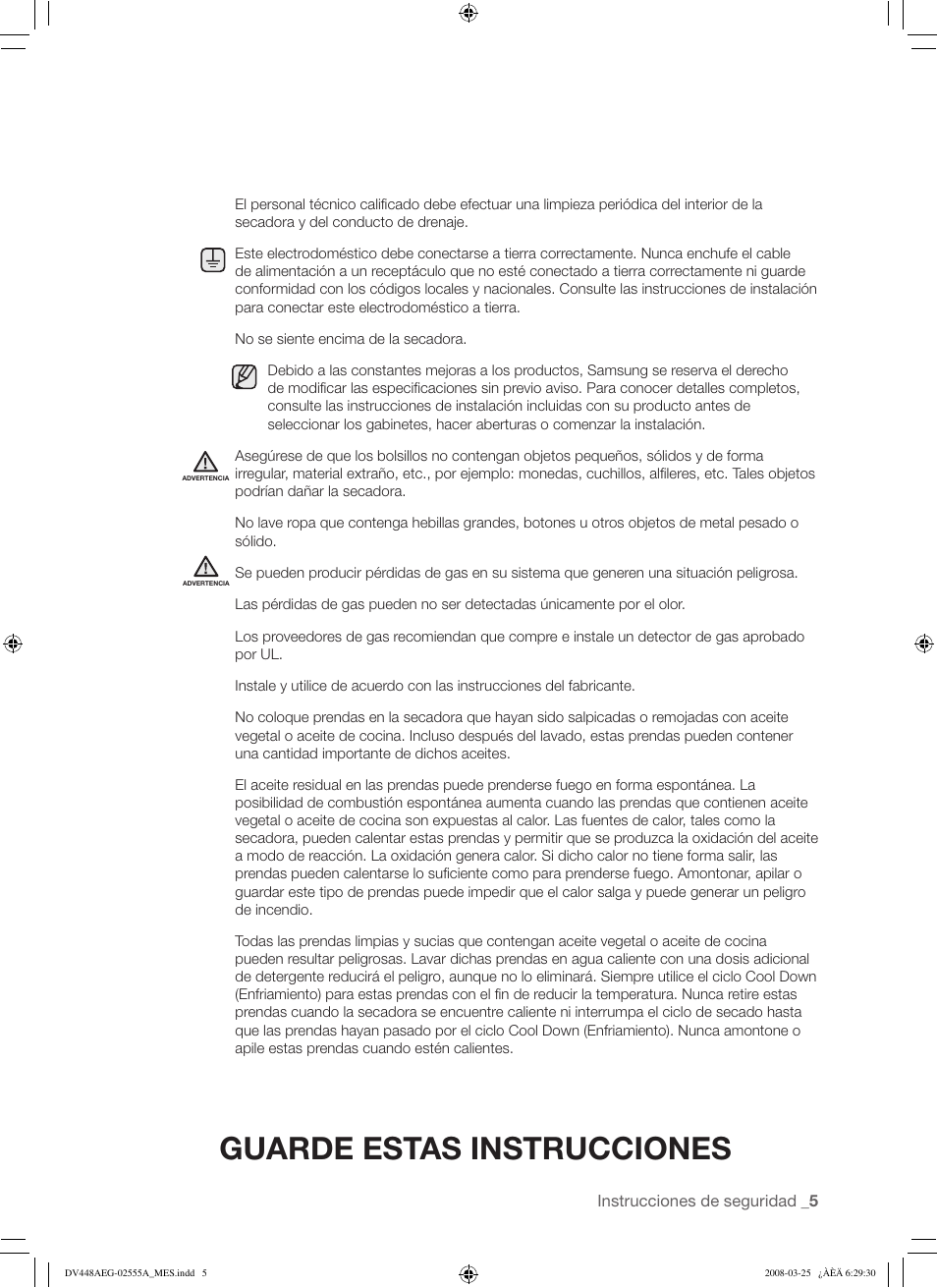 Guarde estas instrucciones | Samsung DV448AEW User Manual | Page 43 / 76