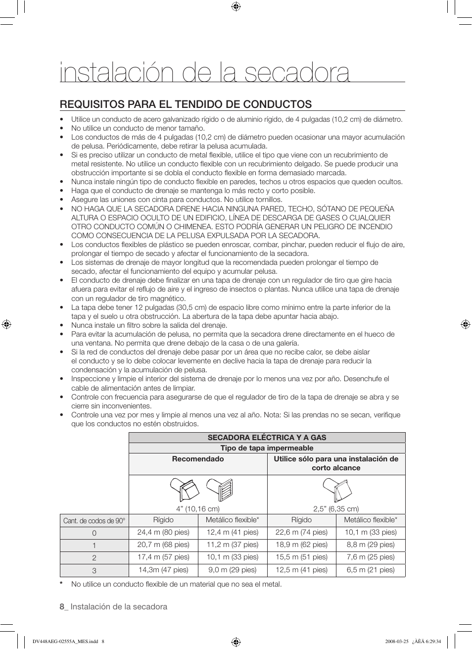 Instalación de la secadora, Requisitos para el tendido de conductos | Samsung DV448AEW User Manual | Page 46 / 76