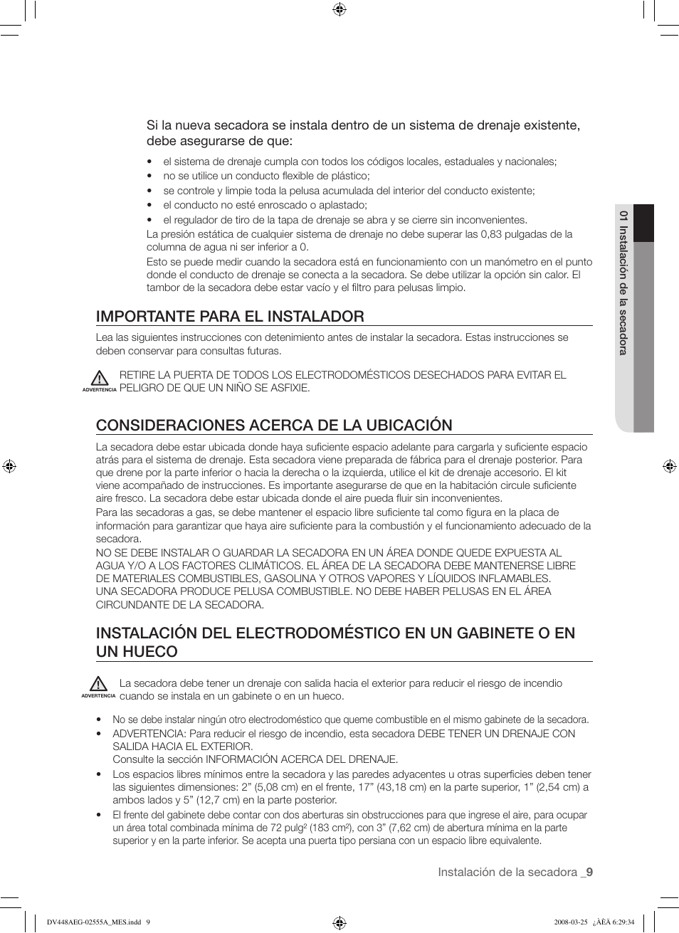 Importante para el instalador, Consideraciones acerca de la ubicación | Samsung DV448AEW User Manual | Page 47 / 76