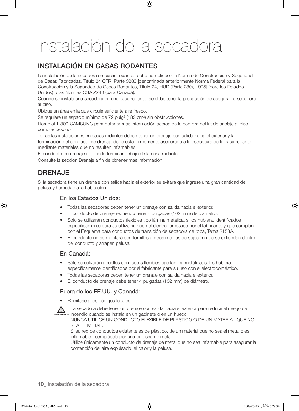 Instalación de la secadora, Instalación en casas rodantes, Drenaje | Samsung DV448AEW User Manual | Page 48 / 76