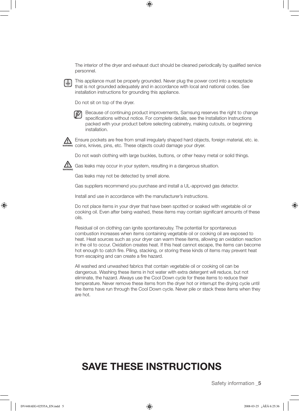 Save these instructions | Samsung DV448AEW User Manual | Page 5 / 76