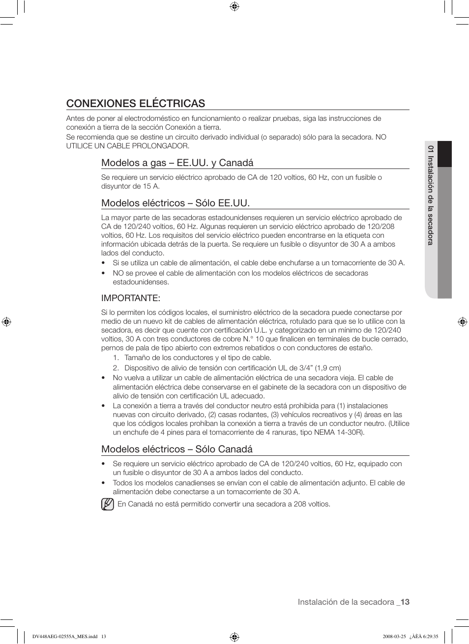 Conexiones eléctricas, Modelos a gas – ee.uu. y canadá, Modelos eléctricos – sólo ee.uu | Modelos eléctricos – sólo canadá | Samsung DV448AEW User Manual | Page 51 / 76