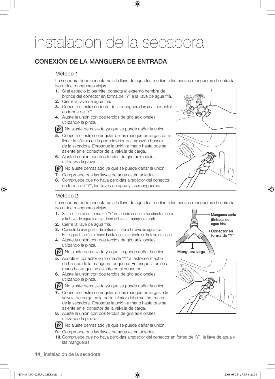 Instalación de la secadora, Conexión de la manguera de entrada | Samsung DV448AEW User Manual | Page 52 / 76