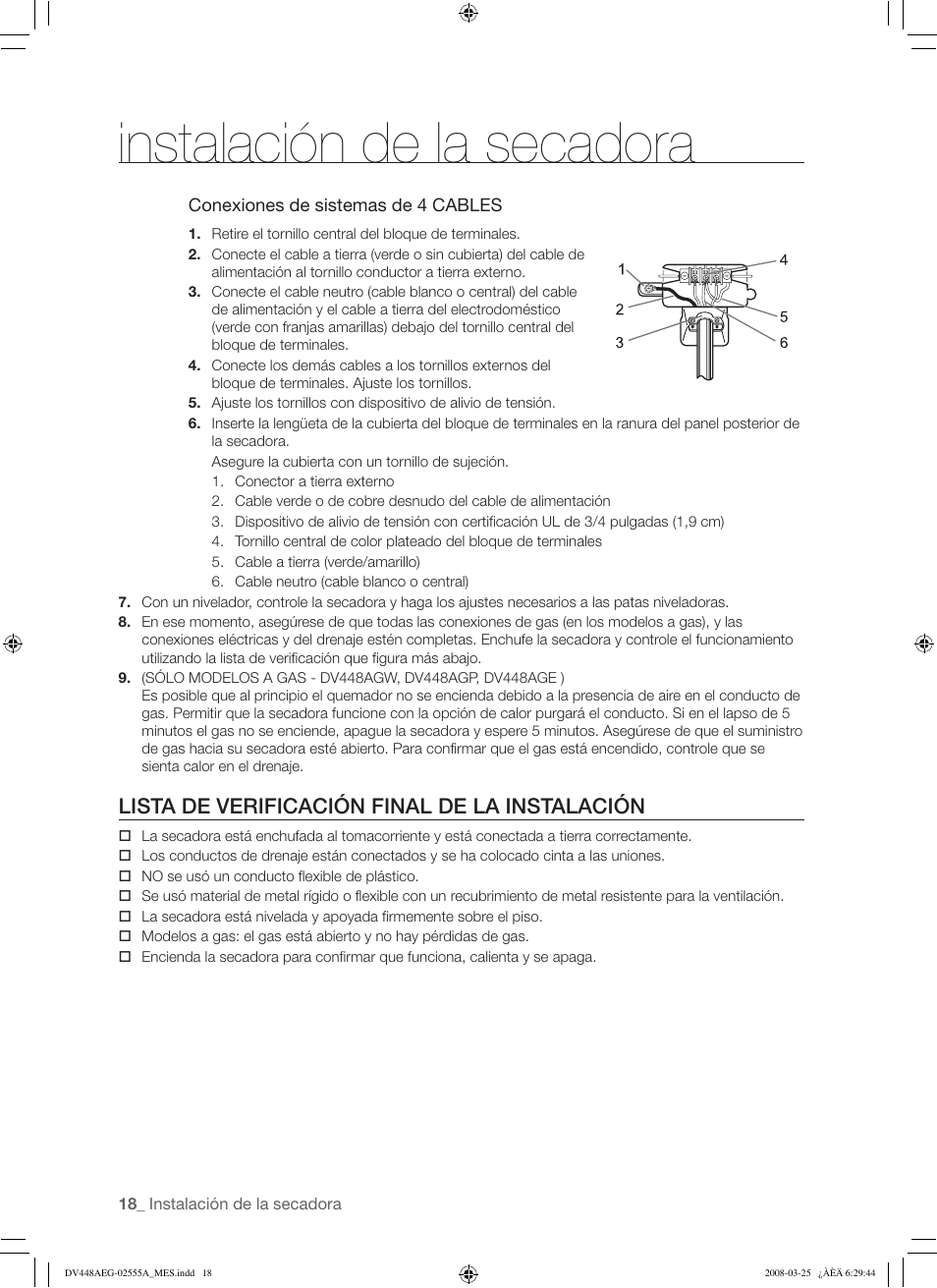 Instalación de la secadora, Lista de verificación final de la instalación | Samsung DV448AEW User Manual | Page 56 / 76
