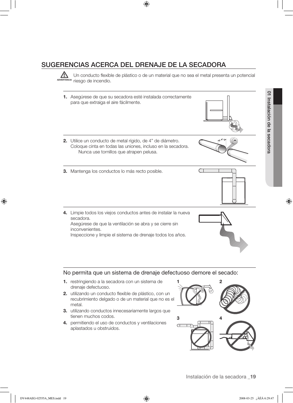 Sugerencias acerca del drenaje de la secadora | Samsung DV448AEW User Manual | Page 57 / 76