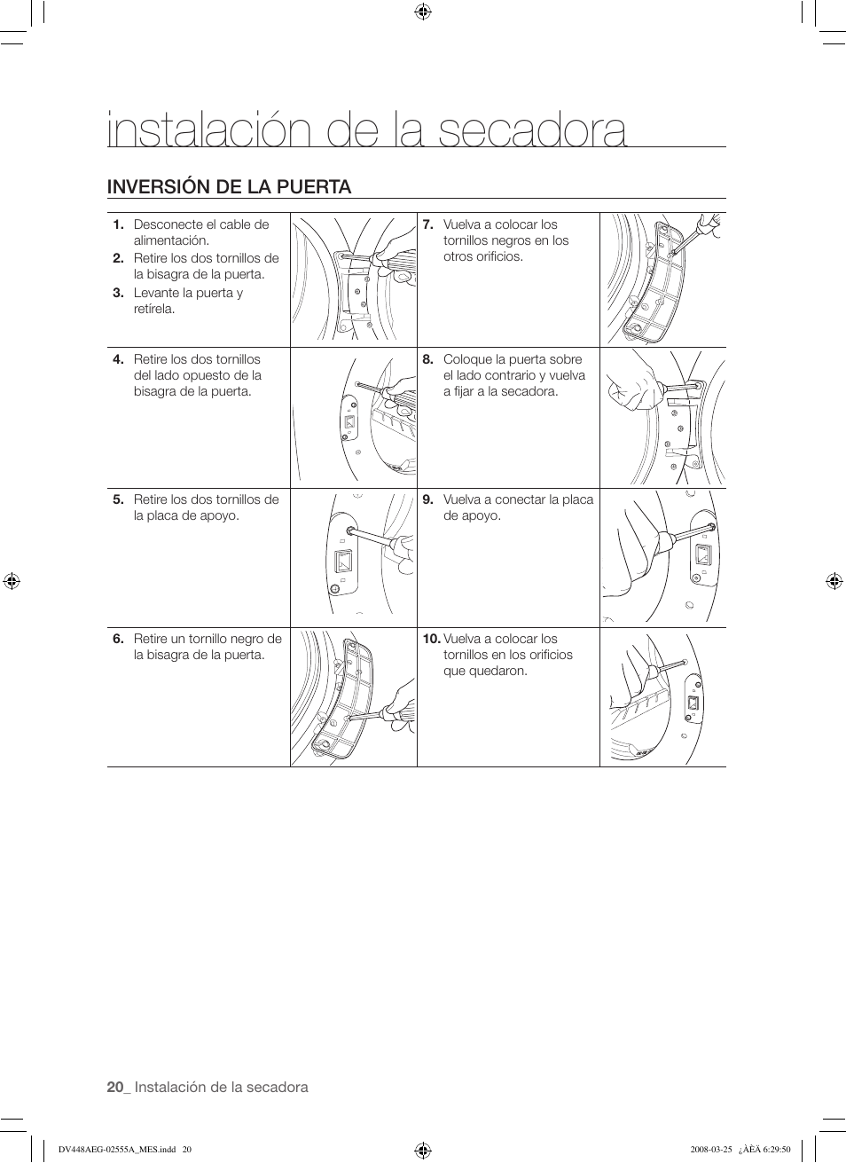 Instalación de la secadora, Inversión de la puerta | Samsung DV448AEW User Manual | Page 58 / 76