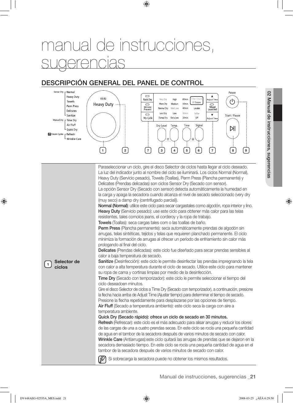 Manual de instrucciones, sugerencias, Descripción general del panel de control | Samsung DV448AEW User Manual | Page 59 / 76