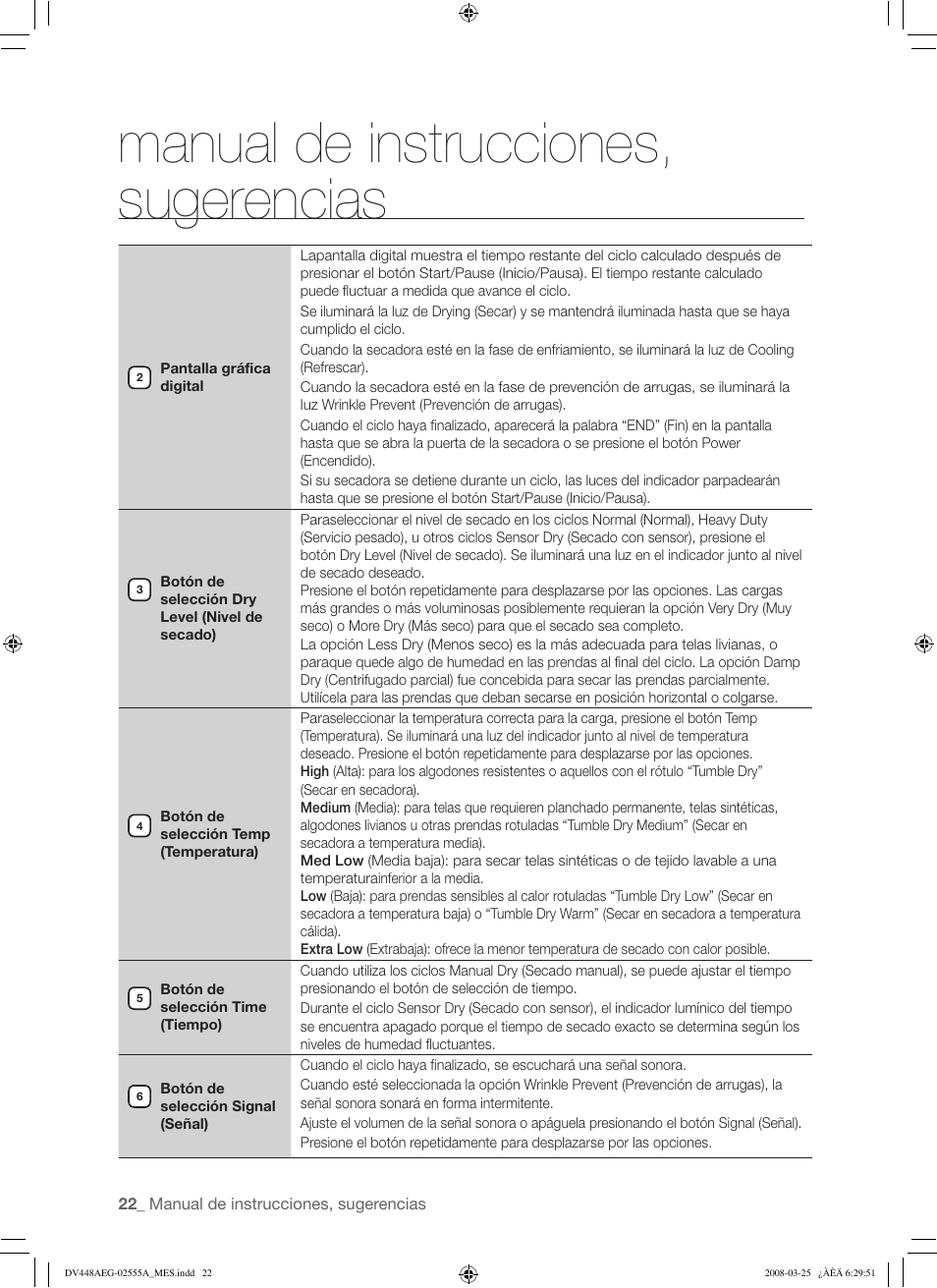 Manual de instrucciones, sugerencias | Samsung DV448AEW User Manual | Page 60 / 76