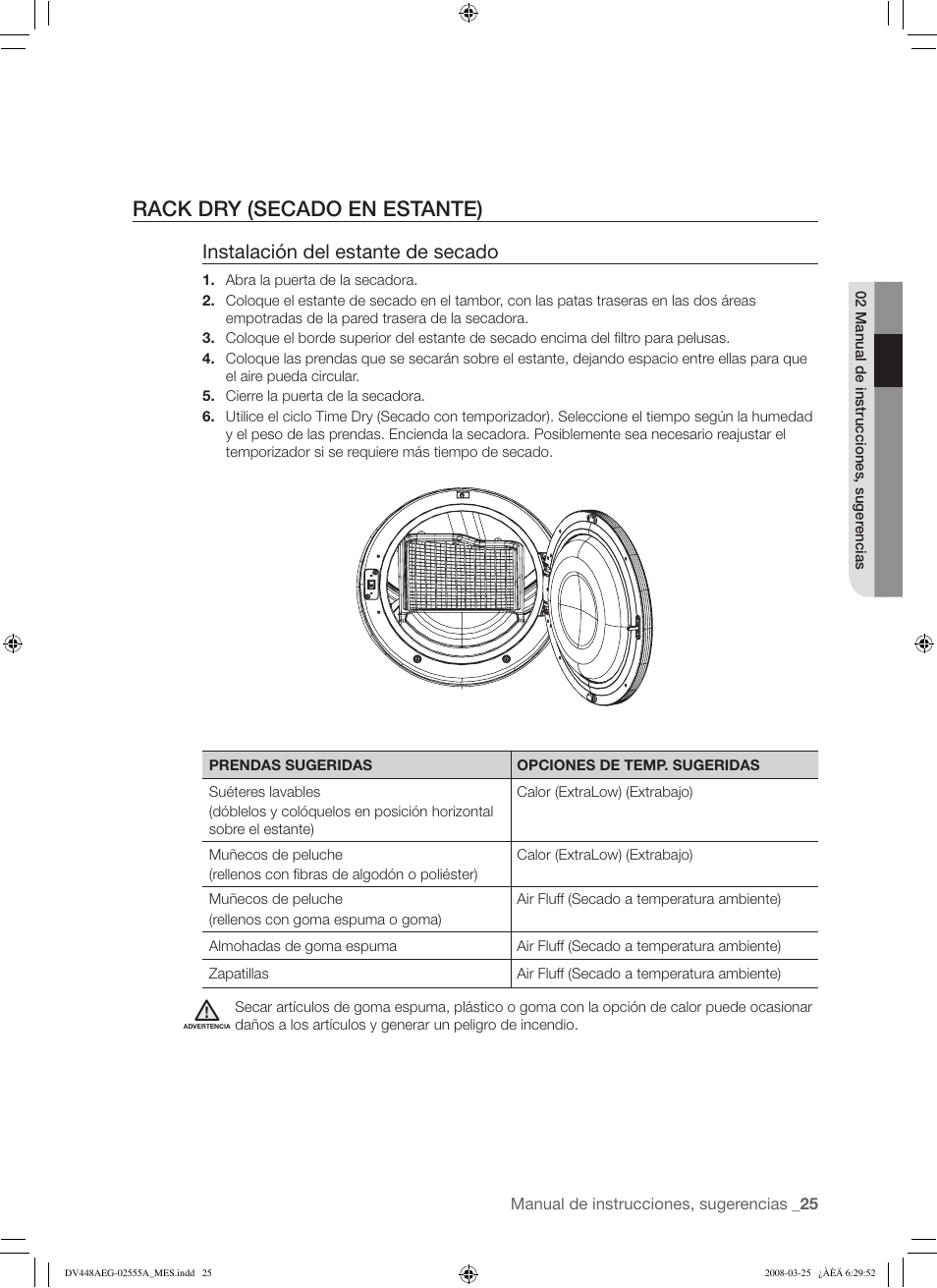 Rack dry (secado en estante), Instalación del estante de secado | Samsung DV448AEW User Manual | Page 63 / 76