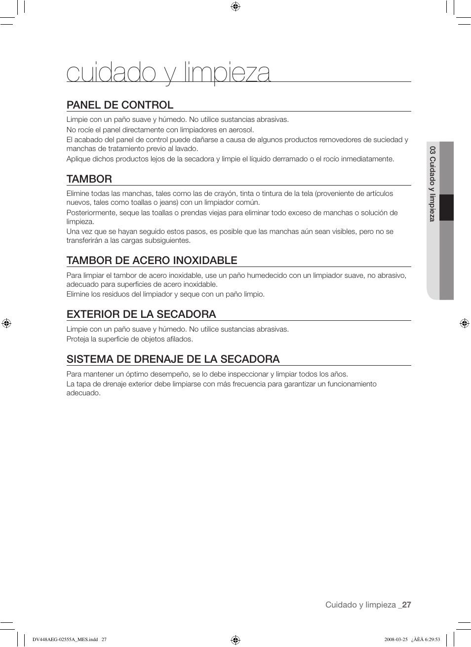 Cuidado y limpieza | Samsung DV448AEW User Manual | Page 65 / 76