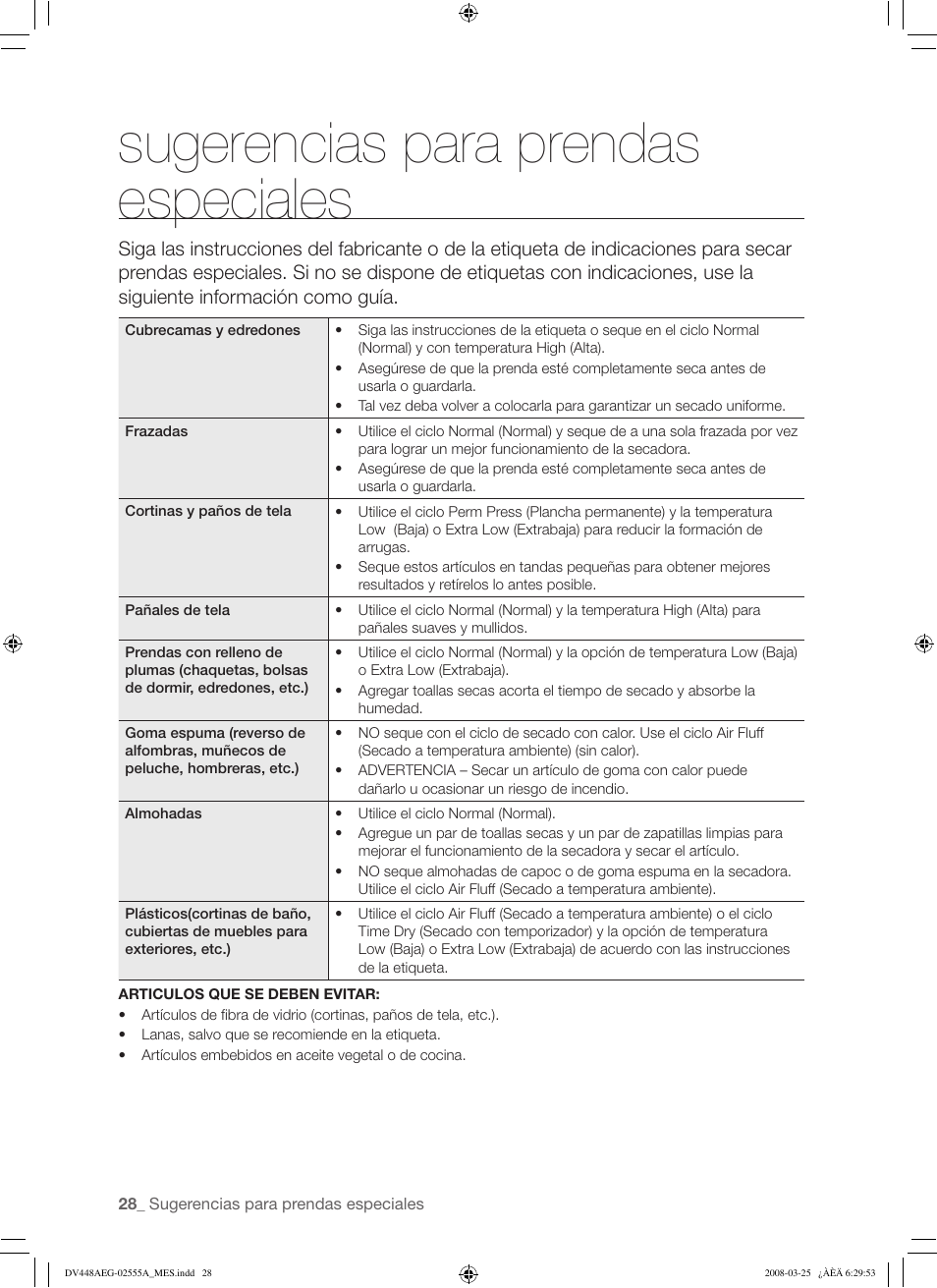 Sugerencias para prendas especiales | Samsung DV448AEW User Manual | Page 66 / 76