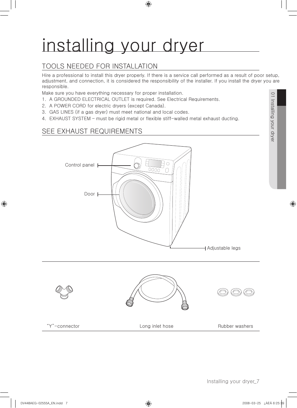 Installing your dryer | Samsung DV448AEW User Manual | Page 7 / 76