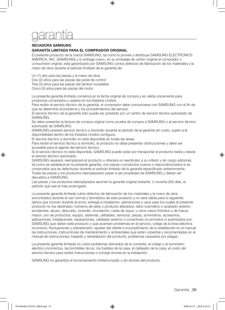 Garantía | Samsung DV448AEW User Manual | Page 73 / 76