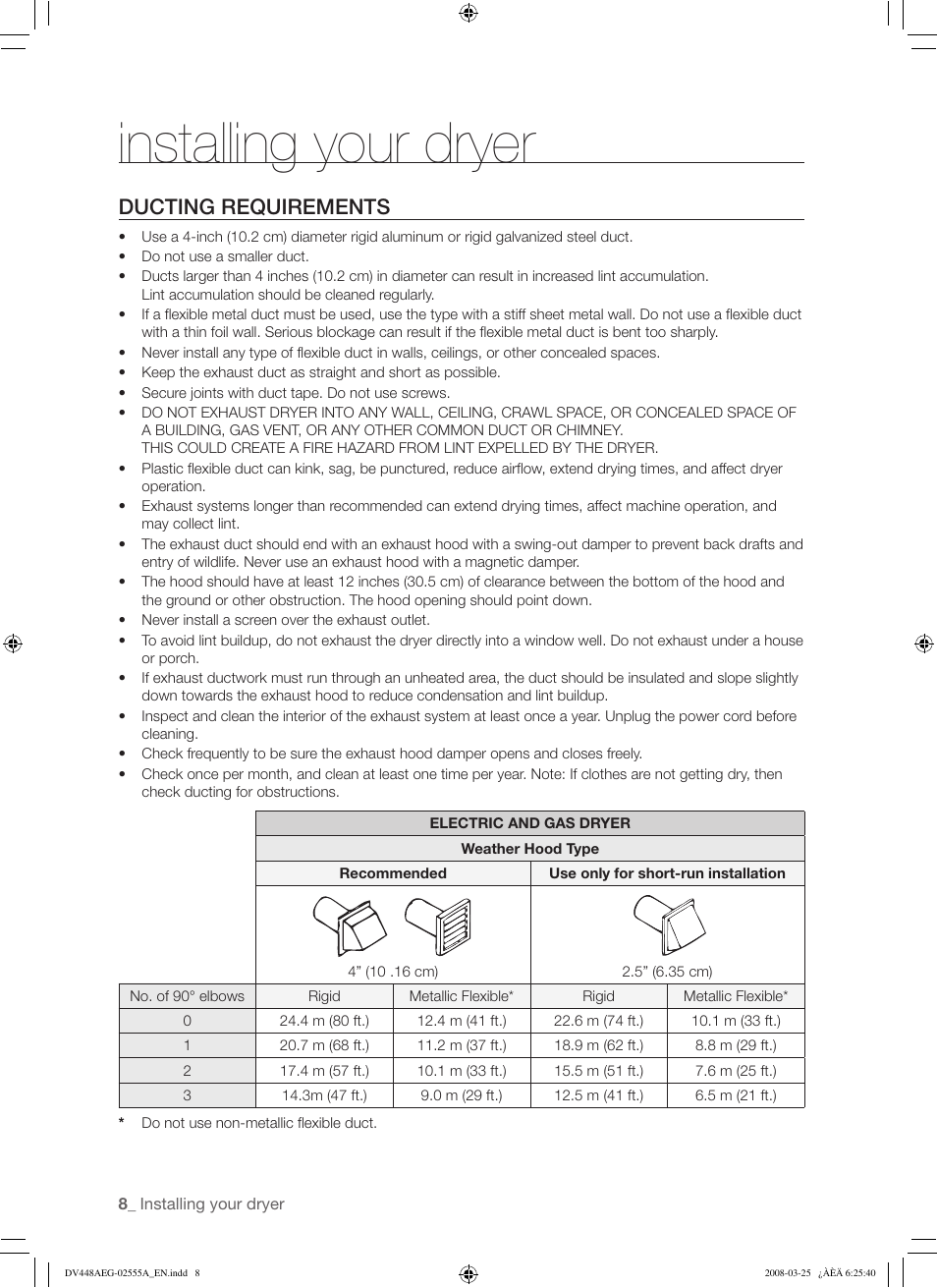 Installing your dryer, Ducting requirements | Samsung DV448AEW User Manual | Page 8 / 76