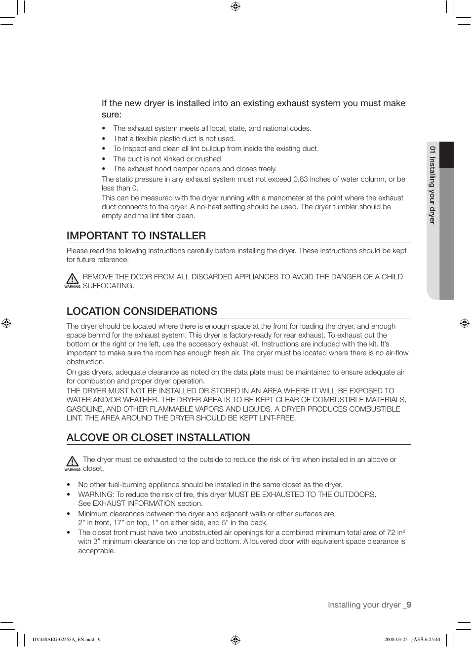 Important to installer, Location considerations, Alcove or closet installation | Samsung DV448AEW User Manual | Page 9 / 76