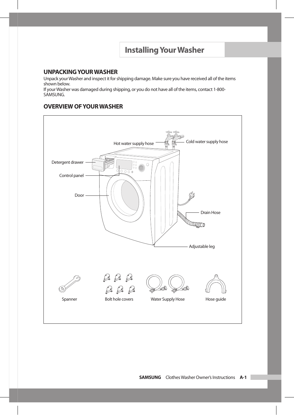 Installing your washer, Unpacking your washer, Overview of your washer | Samsung SilverCare Silver Care Washer User Manual | Page 5 / 32
